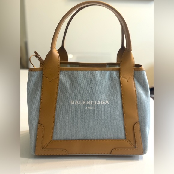 Balenciaga Handbags - Balenciaga Blue and Tan Tote with Structured Design